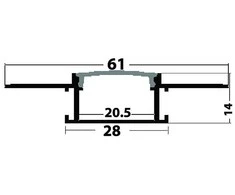 Avide įleidžiamas aliuminio U profilis 61x14mm su matiniu dangteliu, 1m