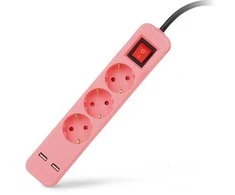 Ilgiklis Entac 3 lizdų +2USB 1.5m 16A su jungikliu, rožinis
