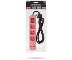 Ilgiklis Entac 3 lizdų +2USB 1.5m 16A su jungikliu, rožinis