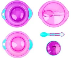 VITAL BABY 2 kelioniniai dubenėliai su siurbtuku, dangčiu ir šaukšteliu, rožinis/mėlynas