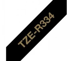 BROTHER TZE-R334 satininė juostelė - auksinis tekstas ant juodos juostelės, 12 mm