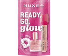 Nuxe Ready Go Glow komplektas suchy olejek regenerujący 10ml + nawilżające serum powiększające usta 8ml + gumka do włosów