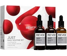 Dienos rutinos rinkinys „Revox B77“: dieninis paakių serumas su kofeinu 5 % nuo tamsių ratilų, 30 ml + drėkinamasis hialurono rūgšties 5 % skystis veidui, 30 ml + drėkinamasis skvalano aliejus veidui, 30 ml