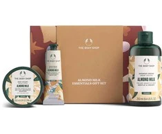 The Body Shop Almond Milk Essentials Giftset kūno priežiūros rinkinys (dušo želė, 250 ml + kūno jogurtas,200 ml + rankų balzamas, 30 ml)