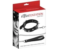 Fetish Tentation Choker Spikes and Leash apykaklė su ilgu pavadėliu