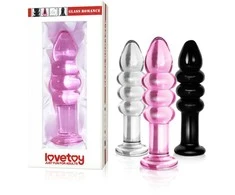 Lovetoy Rožinė stiklinis korek analny 3 pierścieniami 14 cm