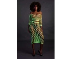Ouch By Shots Neonessa UV-Active Neon Crop Top &amp; Maxi Skirt Set, Long Sleeve, Žalias/Rožinė