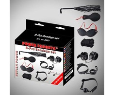 Power Escorts Bondage rinkinys 8 vnt juodas rankogaliai / apykaklė / kaukė / whipp / spaustukai / virvė ir kt