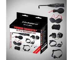 Power Escorts Bondage rinkinys 8 vnt juodas rankogaliai / apykaklė / kaukė / whipp / spaustukai / virvė ir kt
