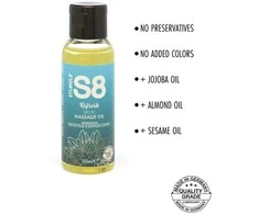 Stimul8 S8 S8 masažinis aliejus 50 ml prancūziškų slyvų ir egiptietiškos medvilnės