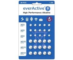 30 baterijų rinkinys 1,5 V 10x AG3 / LR41 5x AG4 / LR626 5x AG10 / LR1130 10x AG13 / LR1154 everActive