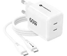 Telefono įkroviklis Forcell F-Energy GaN III Crystal Color 2x USB C AVS SSFC3.0 60W + silikoninis laidas USB C į USB C VT-60 baltas