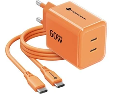 Telefono įkroviklis Forcell F-Energy GaN III Crystal Color 2x USB C AVS SSFC3.0 60W + silikoninis laidas USB C į USB C VT-60 oranžinis