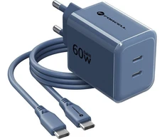 Telefono įkroviklis Forcell F-Energy GaN III Crystal Color 2x USB C AVS SSFC3.0 60W + silikoninis laidas USB C į USB C VT-60 tamsi mėlynas