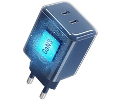 Telefono įkroviklis Forcell F-Energy GaN III Crystal Color 2x USB C AVS SSFC3.0 60W + silikoninis laidas USB C į USB C VT-60 tamsi mėlynas