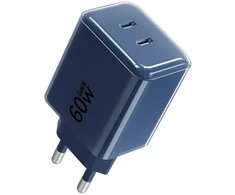Telefono įkroviklis Forcell F-Energy GaN III Crystal Color 2x USB C AVS SSFC3.0 60W + silikoninis laidas USB C į USB C VT-60 tamsi mėlynas