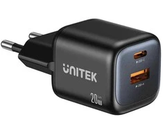 UNITEK 2x GAN 20W mains charger, juodas