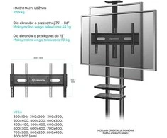 Laikiklis ONKRON mobilus televizoriaus stovas 50–83 colių televizoriams su ratukais, lentynomis, reguliuojamo aukščio, riedančiu televizoriaus vežimėliu, Juodas