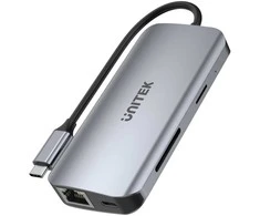 USB-C šakotuvas - UNITEK 2X HDMI 4K, RJ45, PD 100W Pilkas