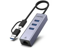 Unitek šakotuvas USB C 4w1 Ethernet 3xUSB 5 Gbps su adapteriu