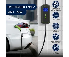 Nešiojamas elektromobilio įkroviklis Qoltec Mobile Charger for EV2in1 type2 | 7 kW | 230 V | CEE 32 A | LCD | 5 m