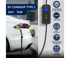 Nešiojamas elektromobilio įkroviklis Qoltec Mobile Charger for EV2in1 type2 | 7 kW | 230 V | CEE 32 A | LCD | 5 m