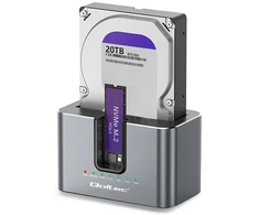 Qoltec Doko stotelė 2w1 HDD SSD | SATA | M.2 NVMe | Klonowanie | USB-C 3.2 Gen 2 | 10Gb/s | 28TB | Aliuminio