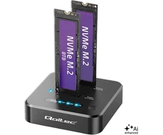 Qoltec Doko stotelė dysków SSD M.2 NVMe | PCIe | DUAL 2 x 8TB | USB-C 3.2 | 10Gb/s | klonowanie offline