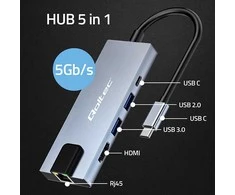 „Qoltec“ šakotuvo adapteris USB-C 5w1 | USB-C PD 100W | 2x USB | HDMI 4K | RJ45