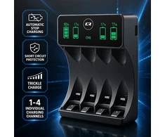 Qoltec Įkroviklis do akumulatorków Ni-MH typu R03 AAA R6 AA | LCD | Kabelis USB-C | Juoda