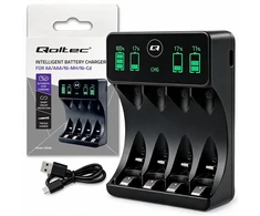Qoltec Įkroviklis do akumulatorków Ni-MH typu R03 AAA R6 AA | LCD | Kabelis USB-C | Juoda