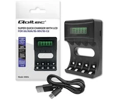 Qoltec Ni-MH AAA AA baterijų įkroviklis su LCD ir USB kabeliu