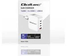 Adapteris Įkroviklis tinklo 140w gan 5-20v 2.5-5a 3 x usb-c pd 1 usb qc 3.0 baltas Qoltec