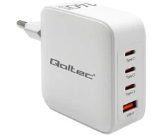 Adapteris Įkroviklis tinklo 140w gan 5-20v 2.5-5a 3 x usb-c pd 1 usb qc 3.0 baltas Qoltec