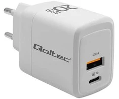 Adapteris Įkroviklis tinklo 20w gan 5-20v 1.5-3a 1 x usb-c pd usb qc 3.0 baltas Qoltec
