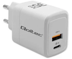 Qoltec 35W GaN| 5-20V | 1.5-3A | 1 x USB-C PD | 1 x USB QC 3.0 | Balta