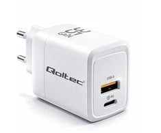 Qoltec 35W GaN| 5-20V | 1.5-3A | 1 x USB-C PD | 1 x USB QC 3.0 | Balta