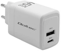 Adapteris Įkroviklis maitinimo 45W gan 5-20V 1.5-3A 1 x usb-c pd usb qc 3.0 baltas Qoltec