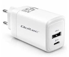 Adapteris Įkroviklis maitinimo 45W gan 5-20V 1.5-3A 1 x usb-c pd usb qc 3.0 baltas Qoltec