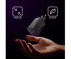 QOLTEC 50766 GaN ULTRA 65W charger / 5-20V / 2.25 3.25A / 1 x USB type C PD / 1x USB / Juodas