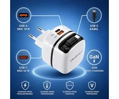 Qoltec Įkroviklis jungiama į tinklą GaN Super Fast 65W | USB-C PD PPS | 5-20V | 3-3.25A | Nešiojamas kompiuteris | MacBook | Išmanusis telefonas | wysuwany kabelis