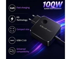 Qoltec 100W GaN Super Fast | USB-C PD | 5-20V | 3-5A | Nešiojamas kompiuteris | MacBook | Išmanusis telefonas | + kabelis 1.8m
