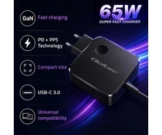 Qoltec 65W GaN Super Fast | USB-C PD PPS | 5-21V | 3-3.25A | Nešiojamas kompiuteris | MacBook | Išmanusis telefonas