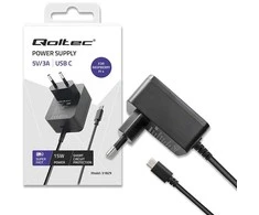 Qoltec Super FAST PD įkroviklis, skirtas Raspberry PI 4 | USB-C | 15W | 5V | 3A | Juoda