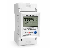 Qoltec Jednofazowy elektroninis licznik zużycia energii na szynę DIN | RESET | licznik okresowy i stały | 230V | 60A | LCD | LED | 2P
