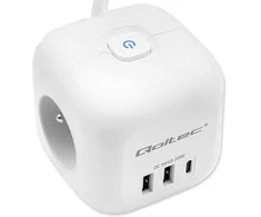 Maitinimo 6v1 prailginimo kubas su apšviestu jungikliu Qoltec 3x AC 2x USB 1x USB-C PD 20W baltas kabelis 2 m