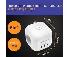 Maitinimo 6v1 prailginimo kubas su apšviestu jungikliu Qoltec 3x AC 2x USB 1x USB-C PD 20W baltas kabelis 2 m