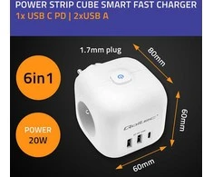 Daugiafunkcinė Qoltec galios kubikė su apšviečiamu jungikliu 3x AC 2x USB 1x USB-C PD 20W Balta