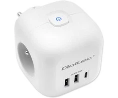 Daugiafunkcinė Qoltec galios kubikė su apšviečiamu jungikliu 3x AC 2x USB 1x USB-C PD 20W Balta