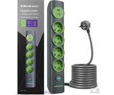Qoltec Listwa zasilająca su podświetlanym włącznikiem | Przedłużacz 6w1 | 4 gniazda su uziemieniem | 1xUSB-C 15W | 1xUSB 12W | 1.8m
